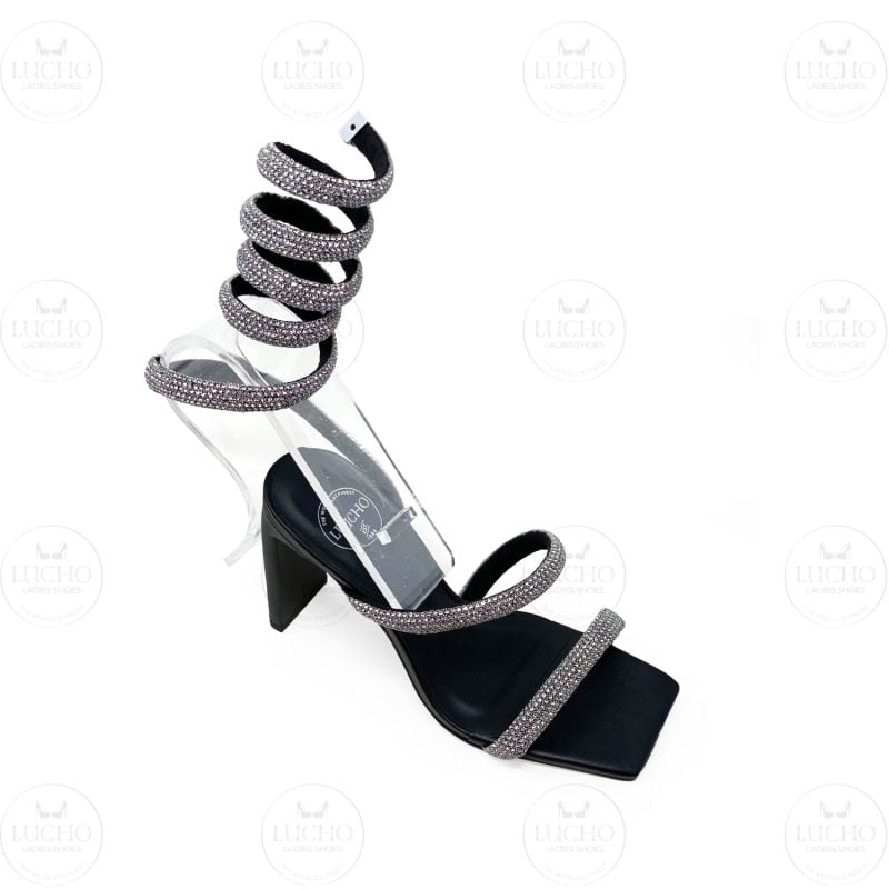 Black Silver Rhinestone Open Toe